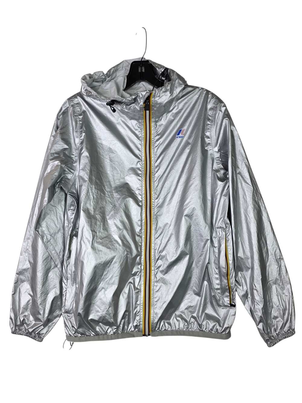 K-Way Silver Hooded Raincoat with Yellow Zip Accents